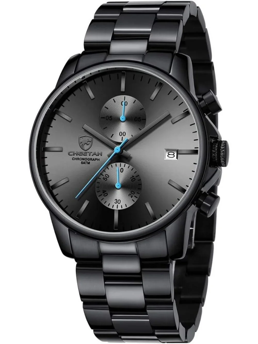 Men's Black Blue Classic Stainless Steel Waterproof Chronograph Quartz Watch